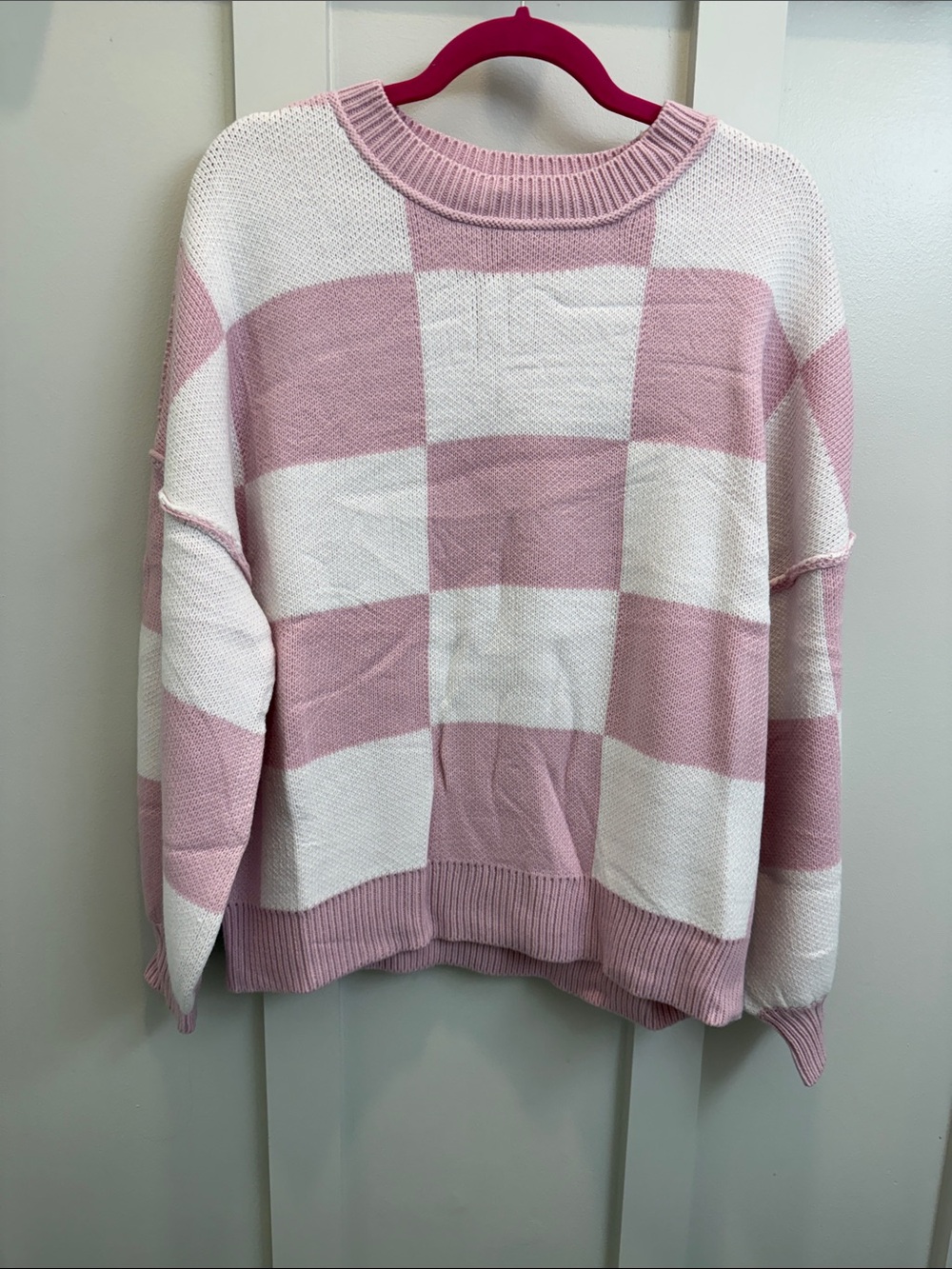 Cozy Pink & White Check Crewneck Sweater